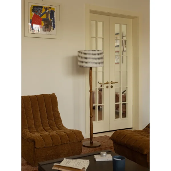 Mid-Century Ash Floor Lamp with Geometric Print Shade in natural oak — in a room setting