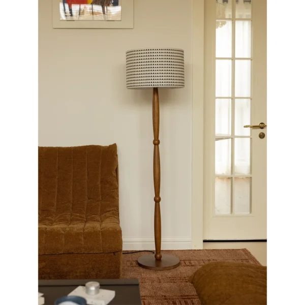 Mid-Century Ash Floor Lamp with Geometric Print Shade in natural oak — in a room setting
