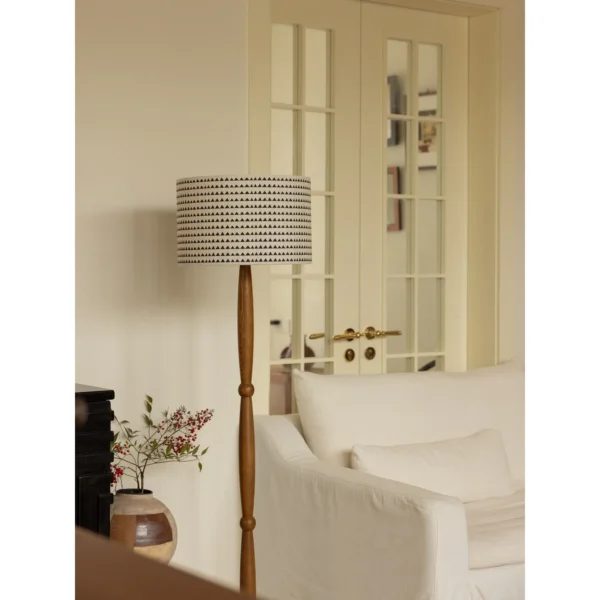 Mid-Century Ash Floor Lamp with Geometric Print Shade in natural oak — in a room setting
