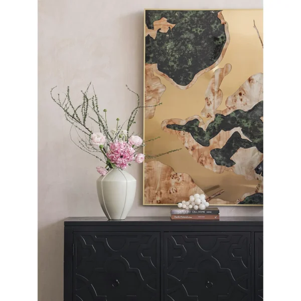 Mid-Century Four-Sided White Ceramic Vase in Matte Glaze — in a room setting
