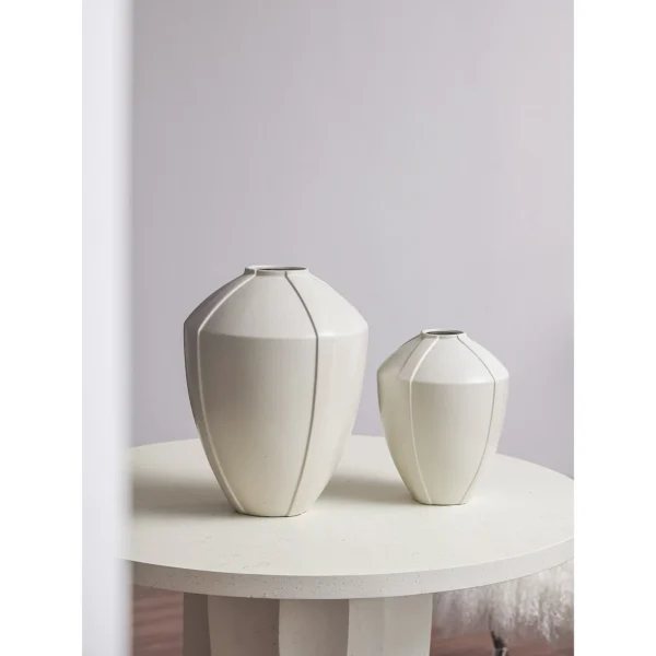 Mid-Century Four-Sided White Ceramic Vase in Matte Glaze — in a room setting
