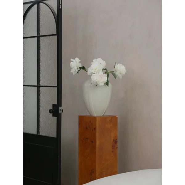 Mid-Century Four-Sided White Ceramic Vase in Matte Glaze — in a room setting
