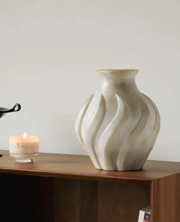 Jade-Effect Twisted Rib Distressed Vase, Short or Tall in oatmeal — in a room setting