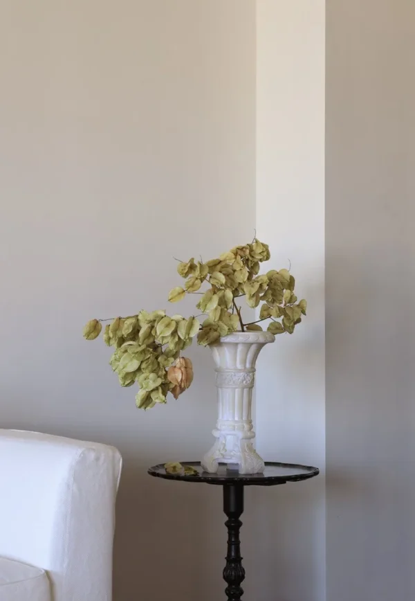 Jade-Effect Corinthian Column Vase, French Mid-Century in oatmeal — in a room setting
