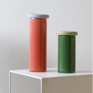 Two-Tone Cylinder Glass Vases with Folded Rim, Three Sizes in red — front view