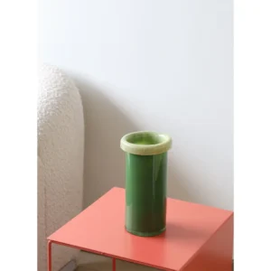 Two-Tone Cylinder Glass Vases with Folded Rim, Three Sizes in red — in a room setting