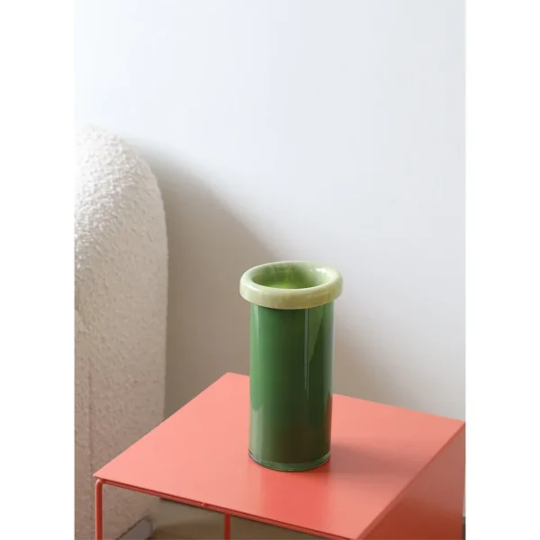 Two-Tone Cylinder Glass Vases with Folded Rim, Three Sizes in red — in a room setting