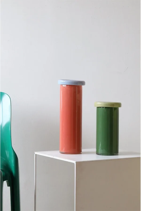 Two-Tone Cylinder Glass Vases with Folded Rim, Three Sizes in red — in a room setting