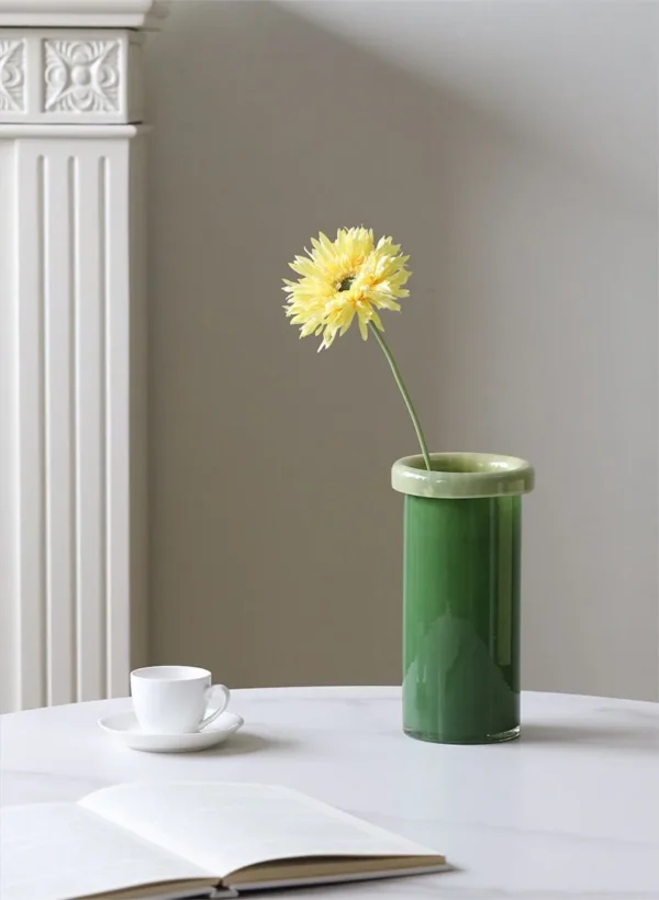 Two-Tone Cylinder Glass Vases with Folded Rim, Three Sizes in red — in a room setting
