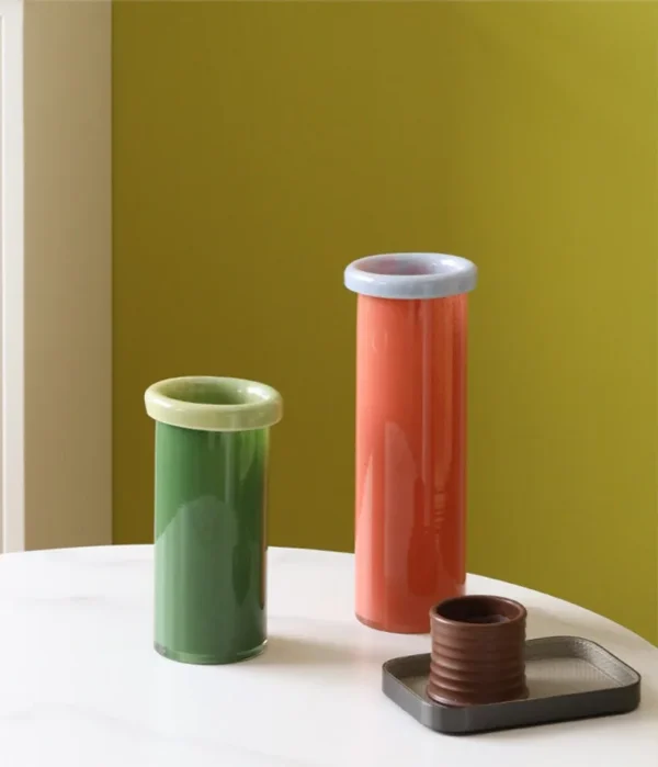 Two-Tone Cylinder Glass Vases with Folded Rim, Three Sizes in red — in a room setting