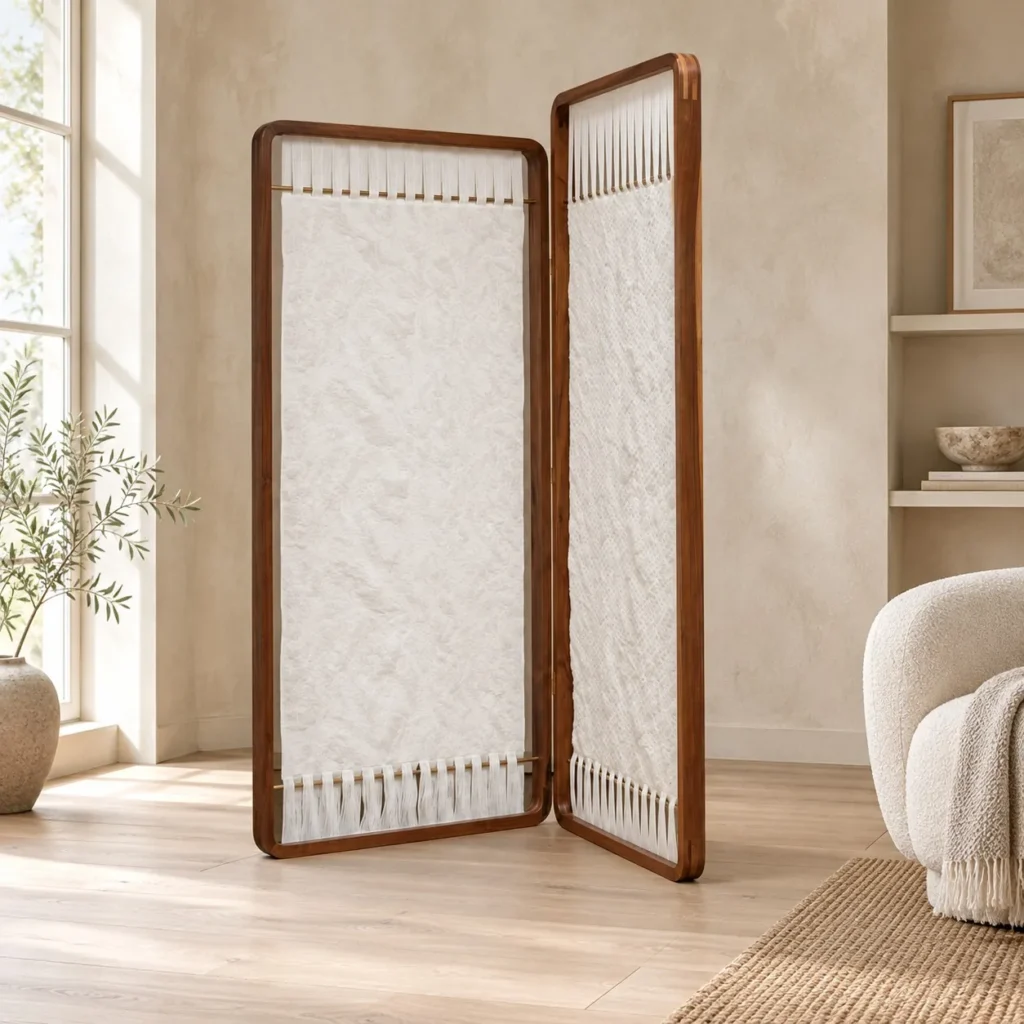 Ash-Framed Double Gauze Folding Screen with Tassels in natural oak — front view