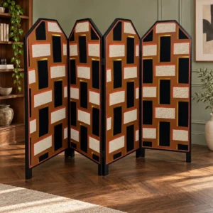 Mid-Century Geometric Fabric Collage Folding Screen in rust — front view