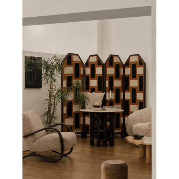 Mid-Century Geometric Fabric Collage Folding Screen in rust — in a room setting
