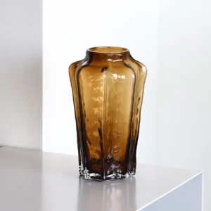 Amber Faceted Art Glass Vase with Dimpled Surface in rust — front view