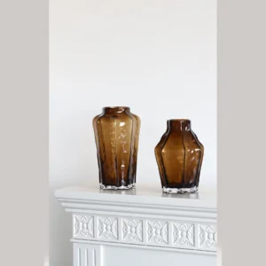 Amber Faceted Art Glass Vase with Dimpled Surface in rust — in a room setting