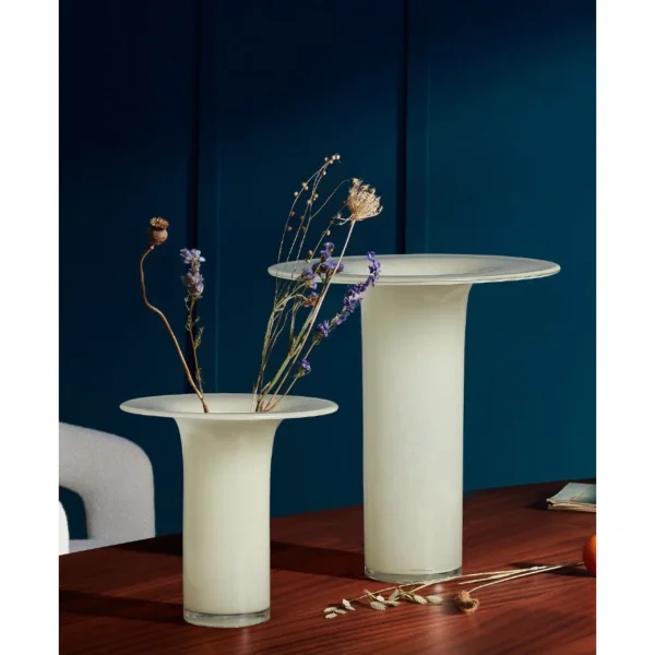 Mid-Century Yellow Jade Glass Vase in mustard — in a room setting
