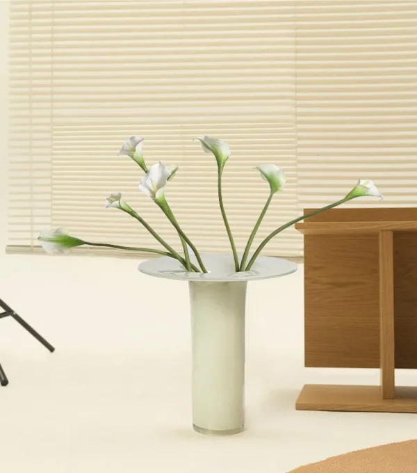 Mid-Century Yellow Jade Glass Vase in mustard — in a room setting