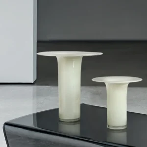 Mid-Century Yellow Jade Glass Vase in mustard — in a room setting