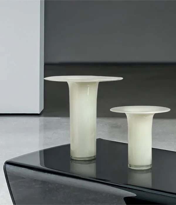 Mid-Century Yellow Jade Glass Vase in mustard — in a room setting