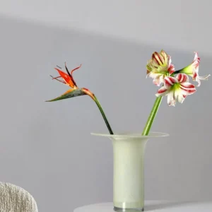 Mid-Century Yellow Jade Glass Vase in mustard — in a room setting