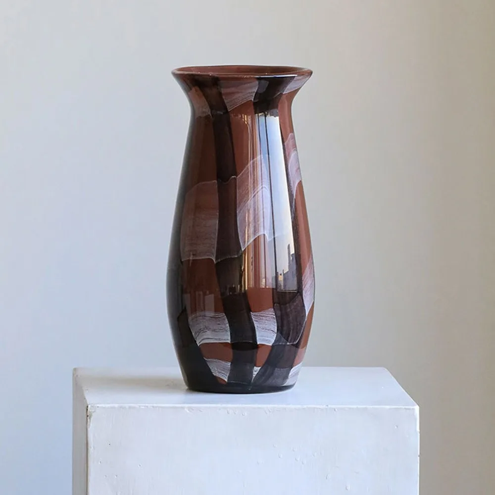 Brown Striped Art Glass Vase with Flared Rim in clay — front view