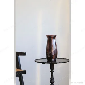 Brown Striped Art Glass Vase with Flared Rim in clay — in a room setting