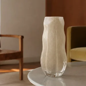 Designer Jade-Effect Rippled Glass Vase in oatmeal — front view