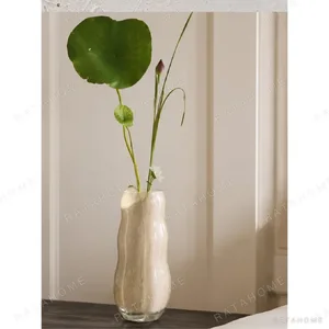 Designer Jade-Effect Rippled Glass Vase in oatmeal — in a room setting