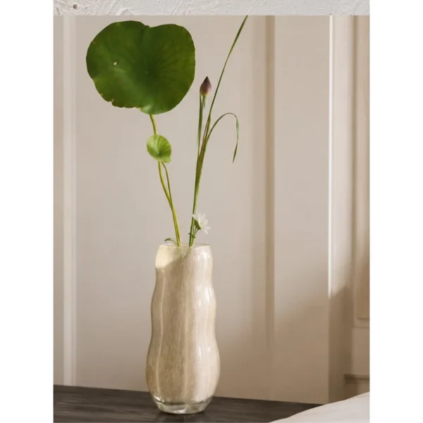 Designer Jade-Effect Rippled Glass Vase in oatmeal — in a room setting