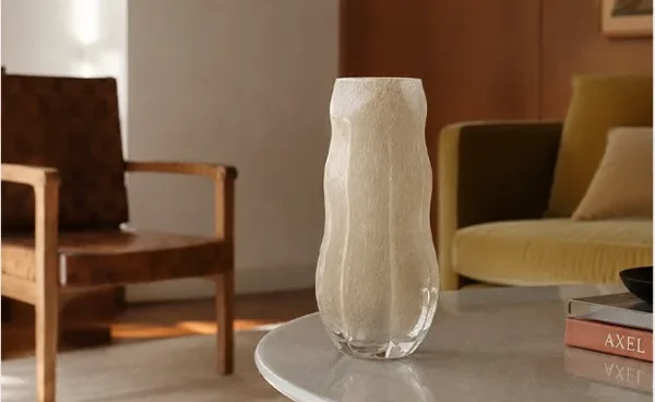 Designer Jade-Effect Rippled Glass Vase in oatmeal — in a room setting