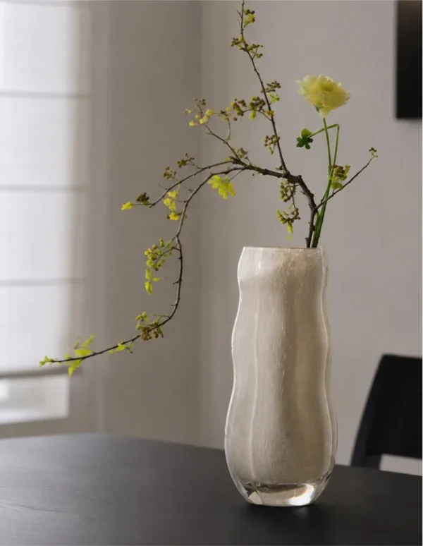 Designer Jade-Effect Rippled Glass Vase in oatmeal — in a room setting
