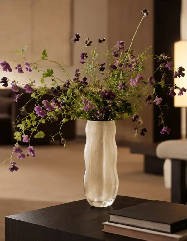Designer Jade-Effect Rippled Glass Vase in oatmeal — in a room setting