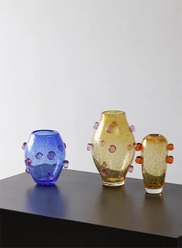 Dotted Bubble Glass Vases in blue — in a room setting