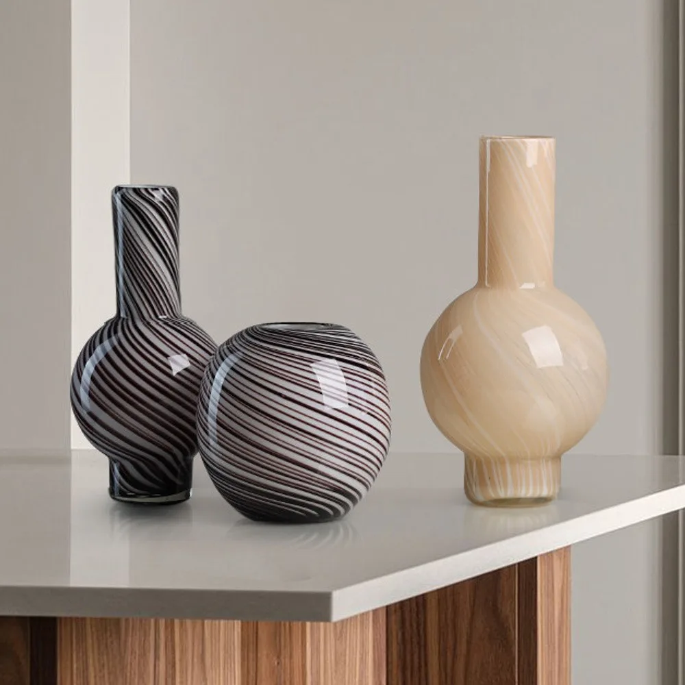 Mid-Century Striped Glass Vases in Purple and Cream — front view