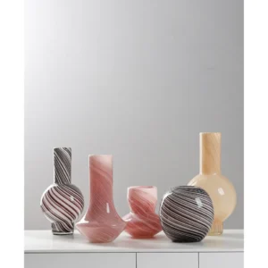 Mid-Century Striped Glass Vases in Purple and Cream — in a room setting