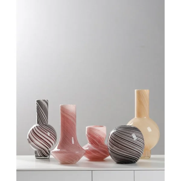 Mid-Century Striped Glass Vases in Purple and Cream — in a room setting