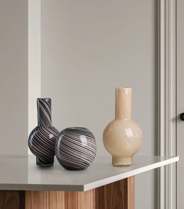 Mid-Century Striped Glass Vases in Purple and Cream — in a room setting