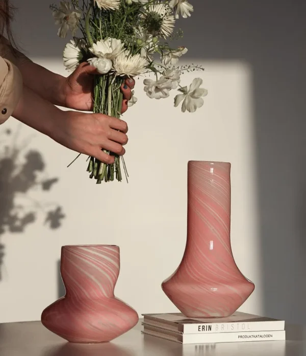 Mid-Century Striped Glass Vases in Purple and Cream — in a room setting
