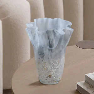 Smoky Ruffled Cabbage Glass Vase with Speckles in slate — front view