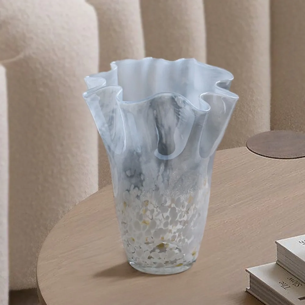 Smoky Ruffled Cabbage Glass Vase with Speckles in slate — front view