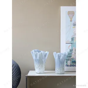 Smoky Ruffled Cabbage Glass Vase with Speckles in slate — in a room setting