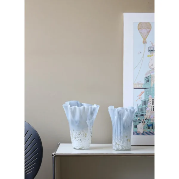 Smoky Ruffled Cabbage Glass Vase with Speckles in slate — in a room setting