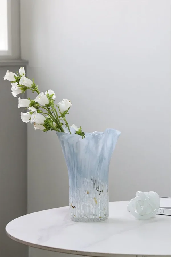 Smoky Ruffled Cabbage Glass Vase with Speckles in slate — in a room setting