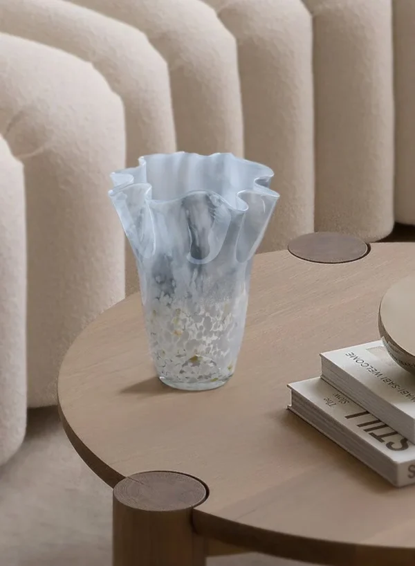 Smoky Ruffled Cabbage Glass Vase with Speckles in slate — in a room setting