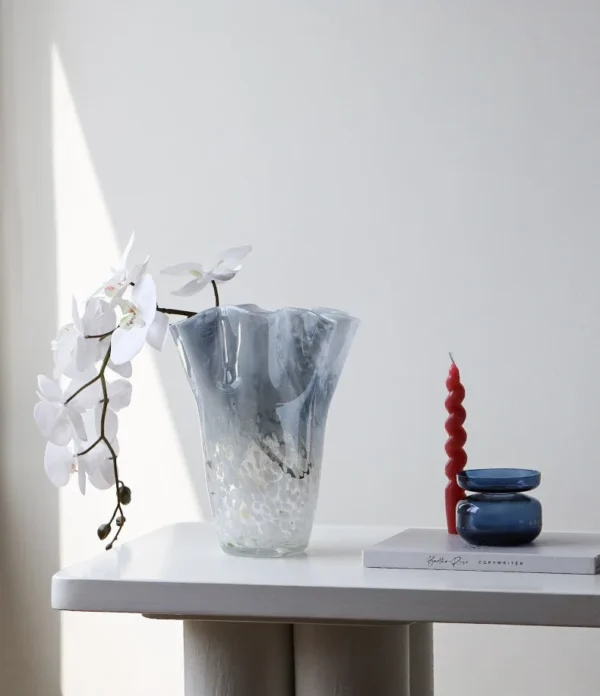 Smoky Ruffled Cabbage Glass Vase with Speckles in slate — in a room setting