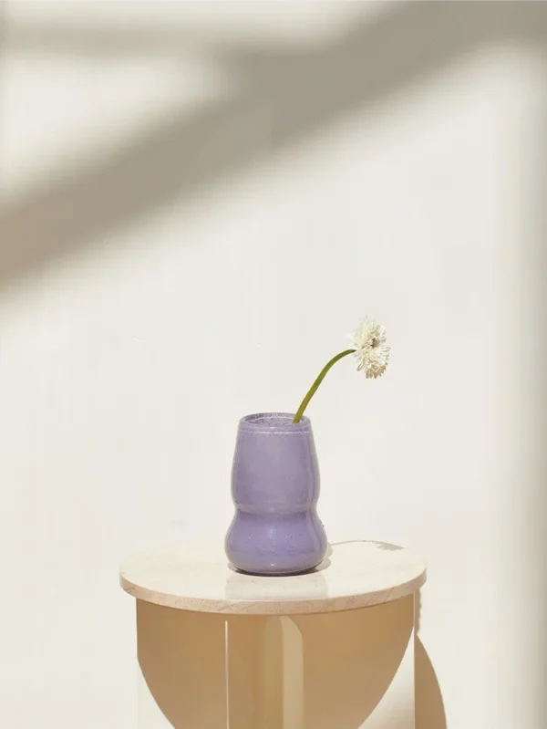 Mid-Century Lilac Frosted Gourd Glass Vase in plum — in a room setting