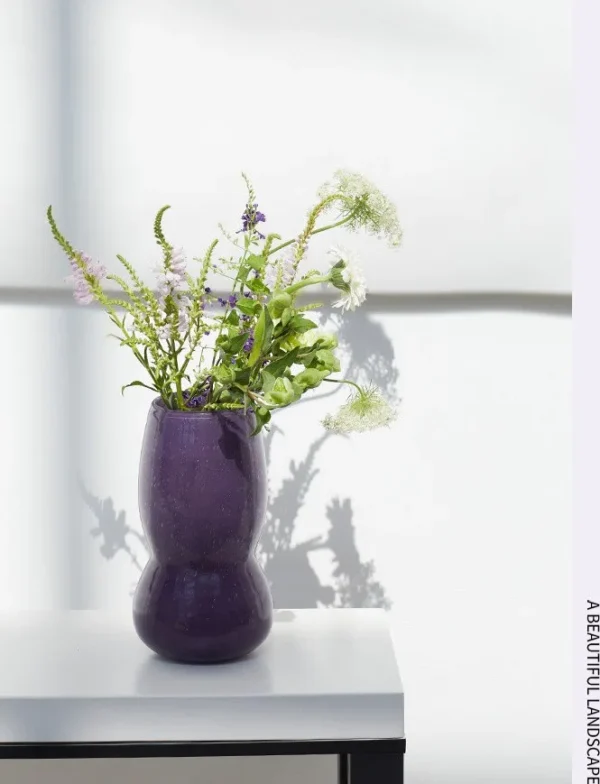 Mid-Century Lilac Frosted Gourd Glass Vase in plum — in a room setting