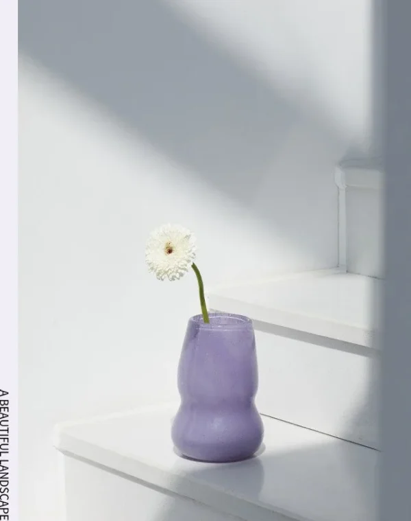 Mid-Century Lilac Frosted Gourd Glass Vase in plum — in a room setting