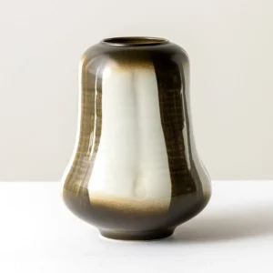 Mid-Century Gradient Glaze Ceramic Vessel in Cream and Olive — front view