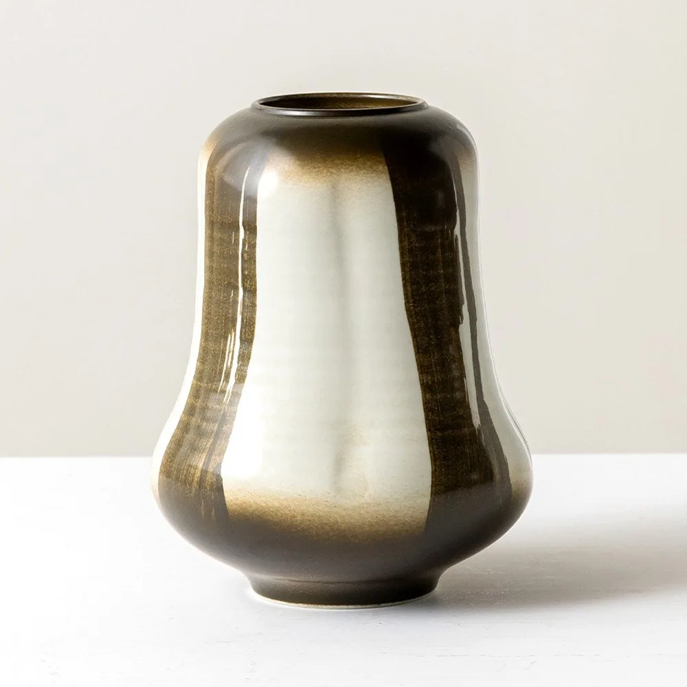 Mid-Century Gradient Glaze Ceramic Vessel in Cream and Olive — front view